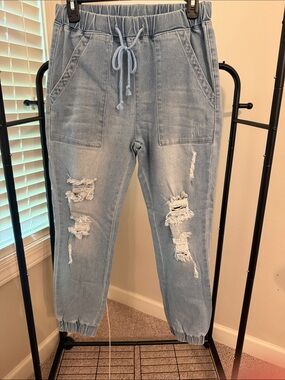 Light Wash Distressed Drawstring Jogger Jeans